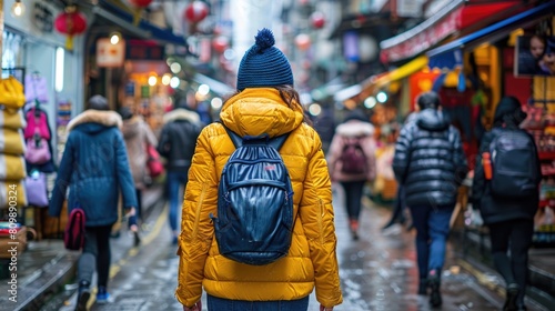 A solo traveler with a yellow jacket and blue backpack explores a crowded and narrow market alley on a wet day 