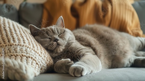 Serene cat napping on cozy couch with knitted pillow