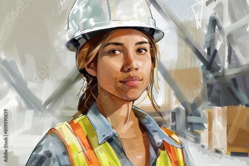 warehouse efficiency hispanic female worker in hardhat and safety vest ready for work digital painting