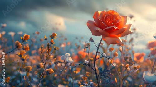 A fiery orange rose plant in full bloom, framed against a whimsical field of wildflowers. Captured in 8K resolution.