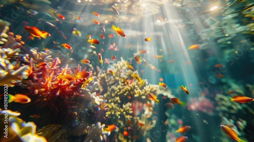 Sunlit Coral Reef Underwater Landscape with Vibrant Marine Life and Floating Fish in Clear Waters 