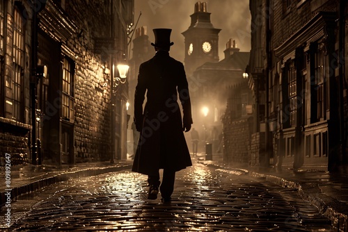 Transported from the Victorian era, a gentleman in a top hat and tails, strolling through a gaslit cobblestone street, with towering buildings in the background