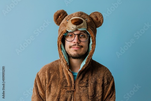 Portrait of a guy in a bear suit against pale blue backdrop