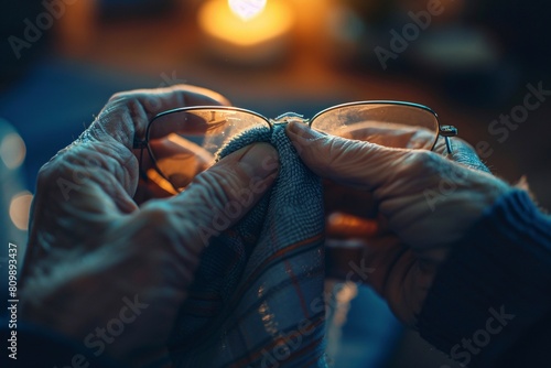 Person wiping eyeglasses using a microfiber cloth, soft ambient light illuminating the scene