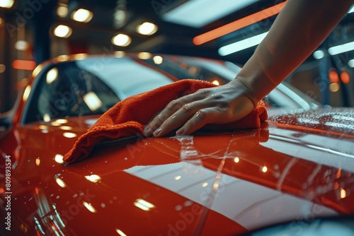 Person wiping and polishing car windshield with a microfiber cloth, soft indoor lighting enhancing the scene