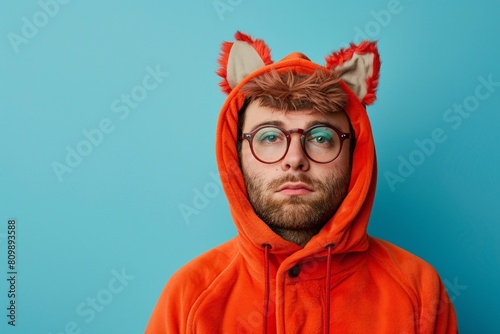 Man in cat disguise with baby blue background