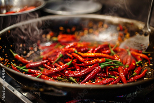 Fiery skillet of arrabbiata sauce chili peppers visible 