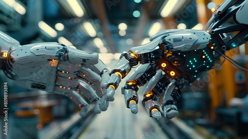In the future, robots or cyborgs with artificial intelligence will control manipulator arms on factories and manufacturing plants. Industry 4.0. Robotics and technology are the future. Abstract HUD.