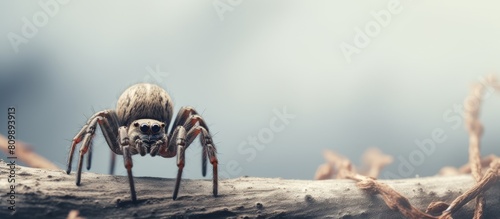 A small fake spider is perched on a tree branch with plenty of empty space around it for the image to be captured. Creative banner. Copyspace image