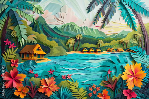 Fijis lush landscapes and traditional bure huts reimagined as a vibrant paper cut art piece Oceanias paradise captured 