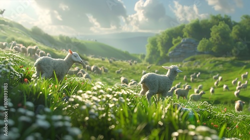 The tranquility of a meadow punctuated by the presence of a flock of lambs peacefully grazing