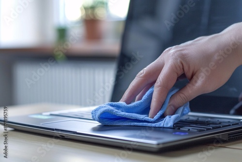 Close-up of hand wiping laptop screen with microfiber cloth
