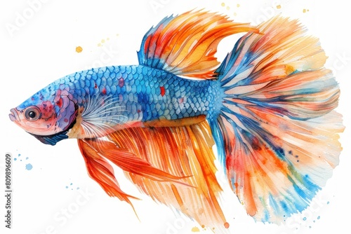 Betta fish, Pastel-colored, in hand-drawn style, watercolor, isolated on white background