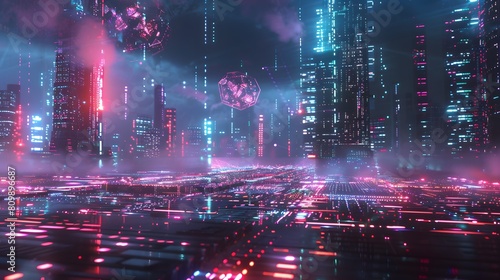 A high-tech digital grid with holographic elements floating above, against a backdrop of abstract city silhouettes, in 8K