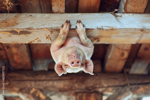 A wee pig hanging upside down from rafters, its small hooves curled up in relaxation