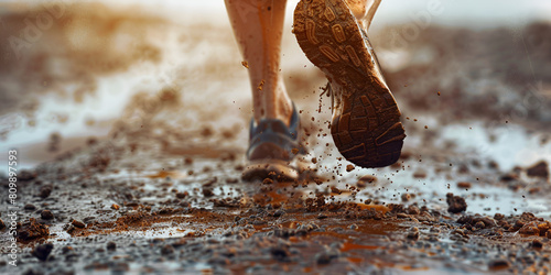 A Marathon Runner's Journey Through Mud and Dirty runners feet navigating a jungle dirt trail