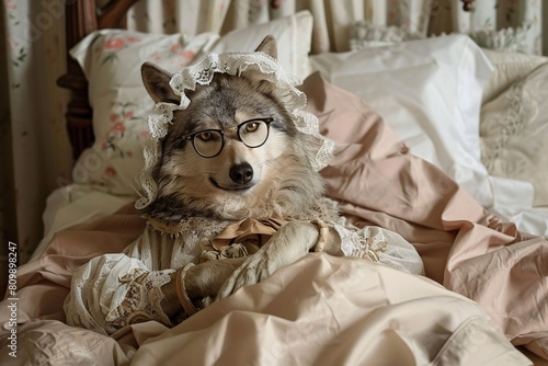 A crafty wolf in grandma guise lies on bed wearing glasses, bonnet, and nightclothes, plotting mischief