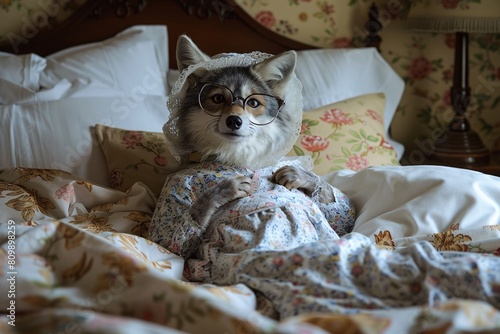 A crafty wolf in grandma guise lies on bed wearing glasses, bonnet, and nightclothes, plotting mischief