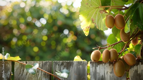 A kiwi vine with clusters of brown, fuzzy kiwis hidden among the leaves, draped over a wooden fence