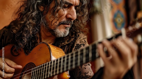 A musician plays an acoustic guitar. He has long brown hair and a beard. He is wearing a black shirt with white details.