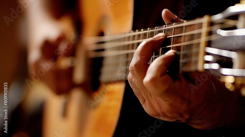 A close-up of a person playing an acoustic guitar. The focus is on the fingers and the strings. The background is blurry and out of focus.
