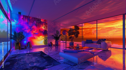 Futuristic living room interior with bright neon colors and large windows overlooking sunset, digital art