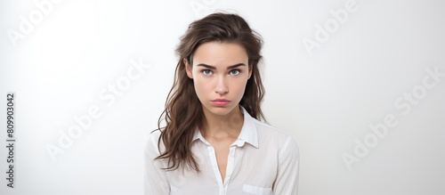 An attractive clueless woman with a blank expression portrayed in a photograph with a white background with copy space