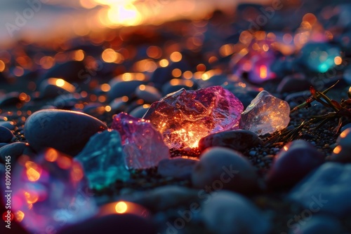 Glowing stones, Shiny colorful stones on the beach shore, Colorful gemstones on a beach glowing, Ai generated