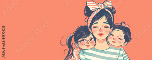 Cute mother and children daughters coral pink background mother's day family love drawing copy space illustration