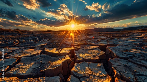 Dramatic image of a cracked and dry landscape under a glaring sun, representing ozone depletion and its effect on global warming
