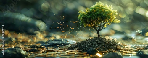 Timelapse style image of a tree growing from coins, symbolizing the growth of investments over time