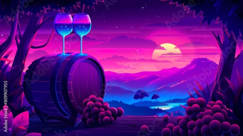 Grapes and wine glasses on wooden barrel at sunset, winery setting with twilight sky