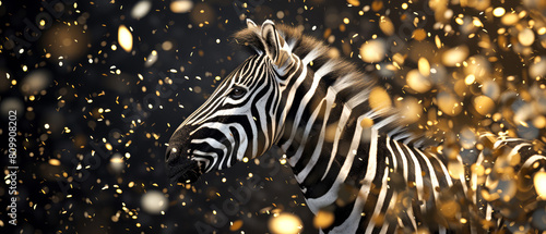 Zebra skin texture with golden confetti. Wild Animal print. Black and white stripes.Trendy abstract background. Generative ai