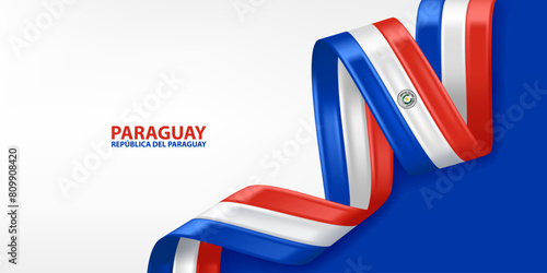 Paraguay 3D ribbon flag. Bent waving 3D flag in colors of the Paraguay national flag. National flag background design.
