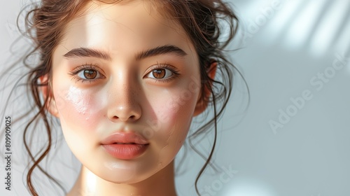 Young woman bathed in morning light, highlighting her deep brown eyes and soft, dewy skin