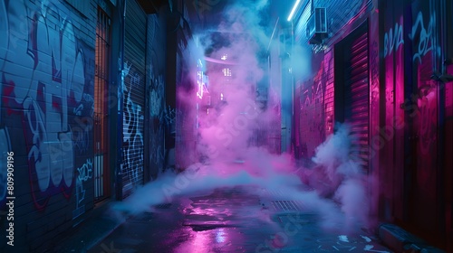 A neon-lit cyberpunk alley with steam rising and graffiti on the walls, shot in 8K