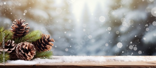 A festive background with a pine tree pine cones and snow on a wooden table perfect for Christmas ornament decoration concepts Copy space image