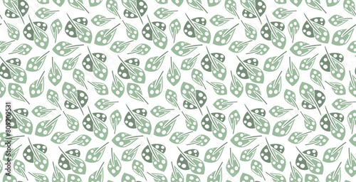 Vector seamless pattern with tropical leaf. Green leaves on white background. eco print
