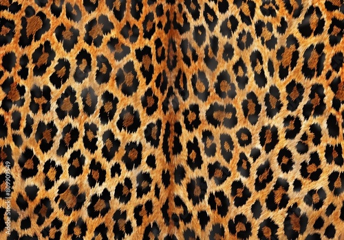 The image is a close-up of a leopard's fur. The fur is a light brown color with black spots. The spots are arranged in a rosette pattern. The fur is soft and plush.