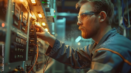 Electrical Engineer Inspecting Intricate Fuse Box with Atmospheric Lighting