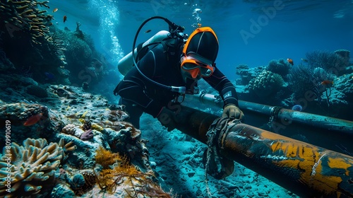 Underwater Electrician Repairing Submarine Cable in Vibrant Marine Ecosystem