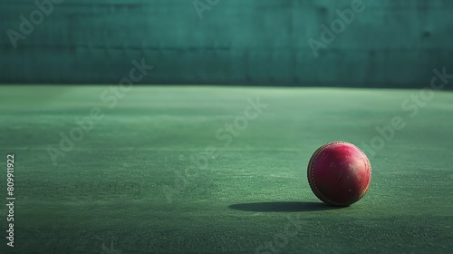 A red cricket ball sits on a green field. The ball is made of leather and has a seam. The background is green and out of focus.