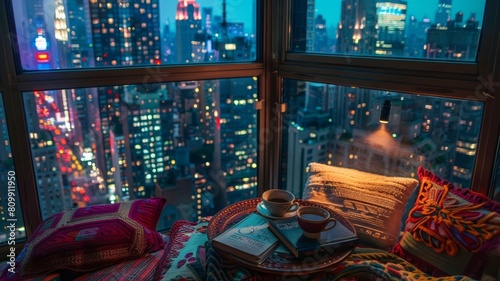a Bohemian reading nook in an expensive highrise with a spectacular New York City view on a dark night