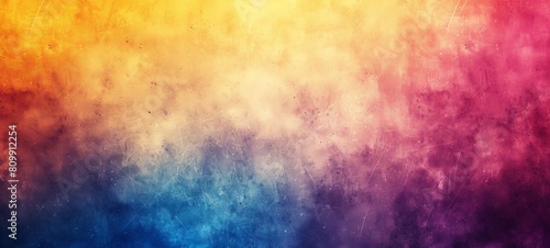 The image is a watercolor painting with a gradient of yellow, orange, pink, purple, blue and green. It has a rough, textured surface and looks like it was painted on a canvas.