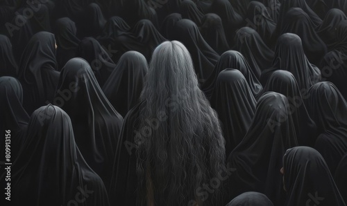 The image is in black and white. It shows a crowd of people with long black hair, wearing black cloaks. The crowd is faceless. One person stands out with long white hair.