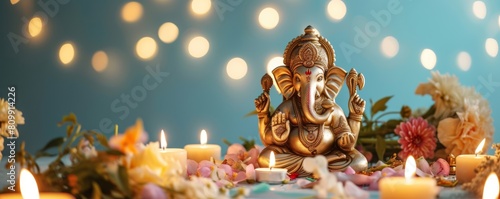 Golden ganesha statue is displayed on a table, surrounded by soft candlelight and fresh flowers