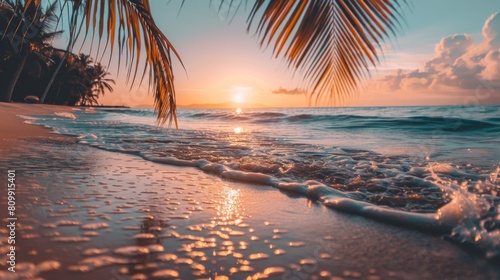 A serene beach at sunset, with gentle waves lapping against the shore. Silhouettes of palm trees frame the scene.