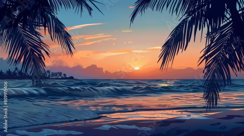 A serene beach at sunset, with gentle waves lapping against the shore. Silhouettes of palm trees frame the scene.
