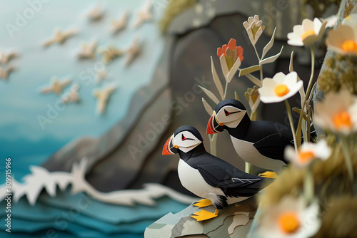 Icelandic puffins on a cliff translated into a charming paper cut scene capturing the essence of wildlife 