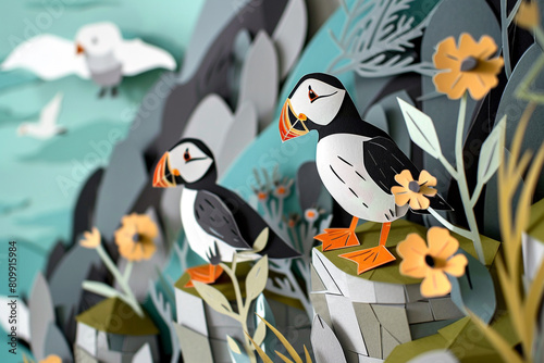Icelandic puffins on a cliff translated into a charming paper cut scene capturing the essence of wildlife 